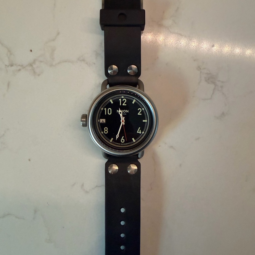 Nixon October 48mm Watch with leather band. Needs battery.